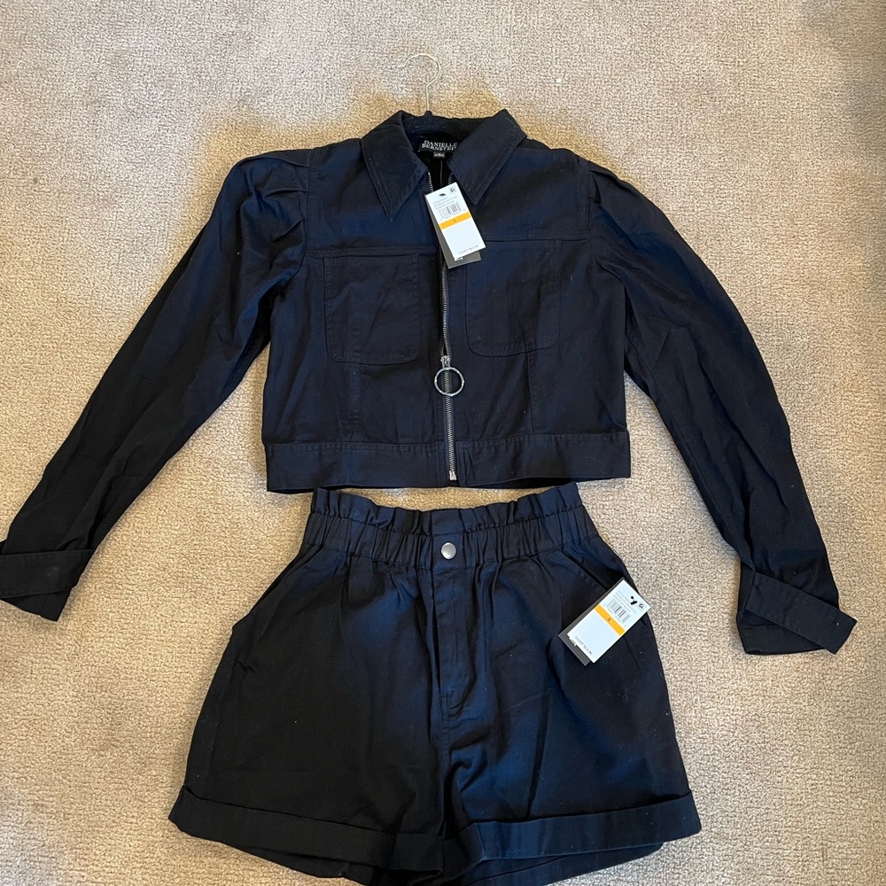 Danielle Bernstein Zip Up Jacket and Paperbag Waist Shorts Set (Black/S)